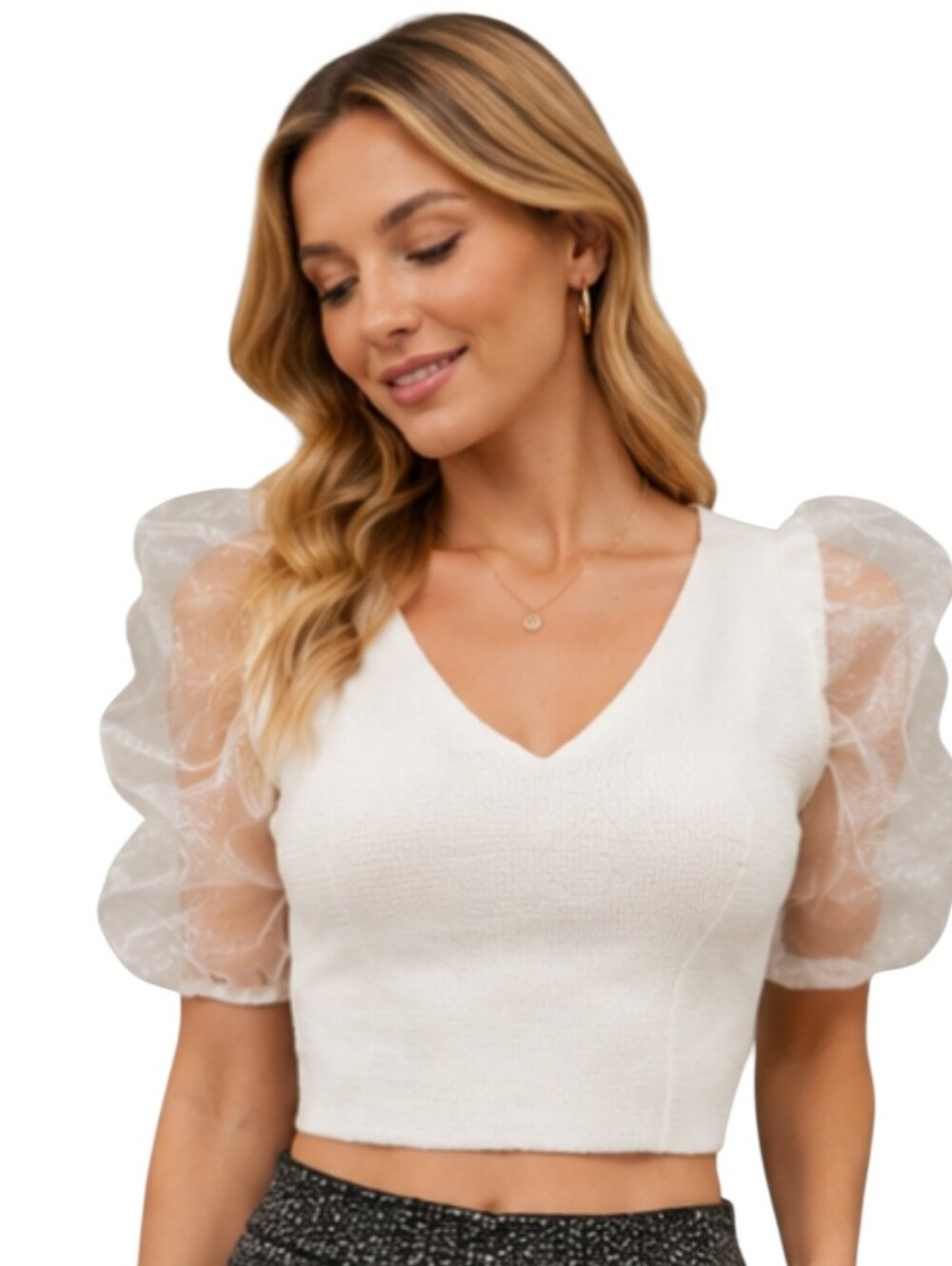POEMA HIT Organza Puff Sleeve Knit Crop Top Ivory. Size Medium.